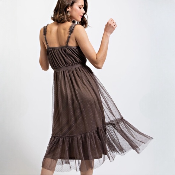 New Romantic Swiss Dot Brown Tulle Dress - Picture 3 of 7
